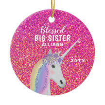 Blessed Big Sister Unicorn Pink Glitter Monogram