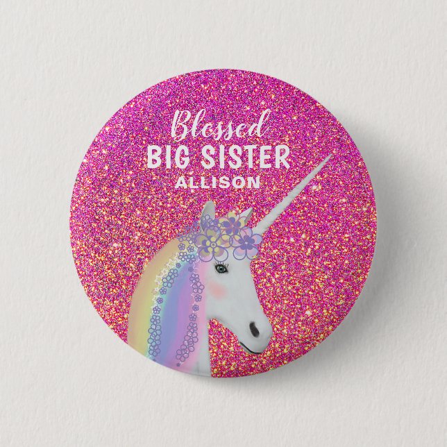 Blessed Big Sister Unicorn Pink Glitter Name 6 Cm Round Badge (Front)