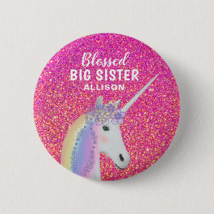 Blessed Big Sister Unicorn Pink Glitter Name 6 Cm Round Badge