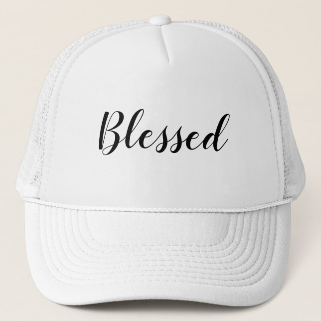 Blessed black white custom script text cute trucker hat (Front)