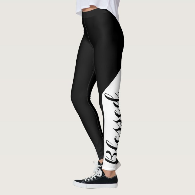 Blessed. Black White Modern Script Christian Leggings (Left)