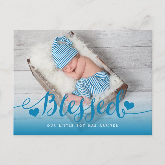 Blessed | Blue Baby Boy Photo Birth Announcement (Front)