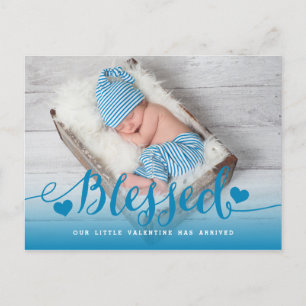 Blessed   Blue Valentine Birth Announcement Postcard
