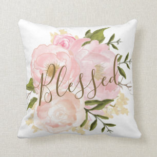 BLESSED / Blush Pink Watercolor Floral Peonies Cushion