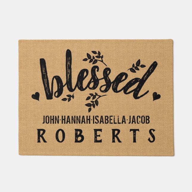 Blessed Burlap Farmhouse Leaves Hearts Custom Doormat (Front)