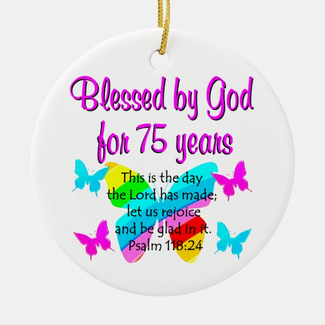 BLESSED BUTTERFLY 75TH BIRTHDAY DESIGN CERAMIC TREE DECORATION (Front)