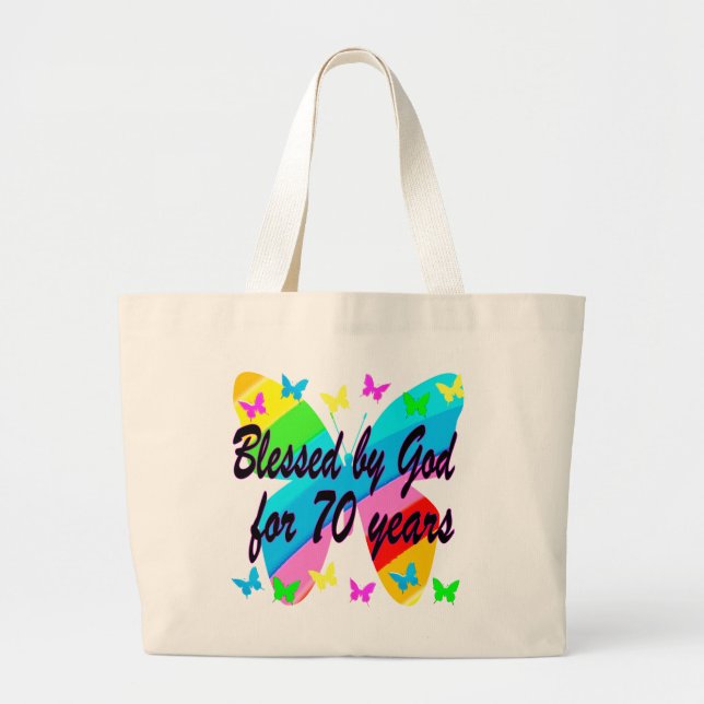 BLESSED BY GOD 70TH BUTTERFLY DESIGN LARGE TOTE BAG (Front)