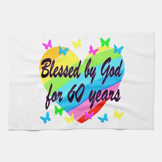 BLESSED BY GOD FOR 60 YEARS HEART DESIGN TEA TOWEL (Horizontal)
