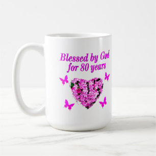BLESSED BY GOD FOR 80 YEARS FLORAL DESIGN COFFEE MUG