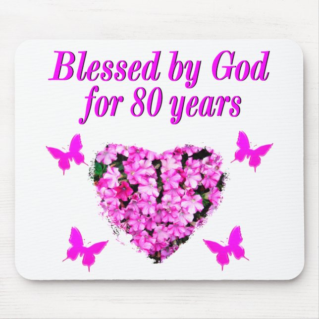 BLESSED BY GOD FOR 80 YEARS FLORAL DESIGN MOUSE MAT (Front)