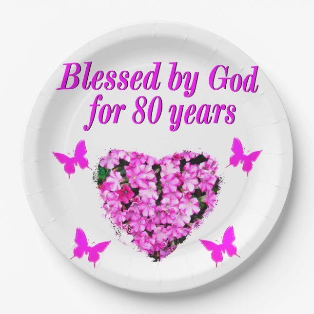 BLESSED BY GOD FOR 80 YEARS FLORAL DESIGN PAPER PLATE (Front)
