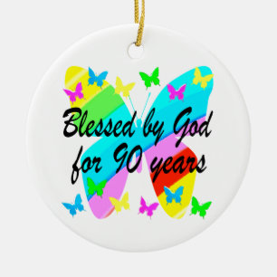 BLESSED BY GOD FOR 90 YEARS CERAMIC TREE DECORATION
