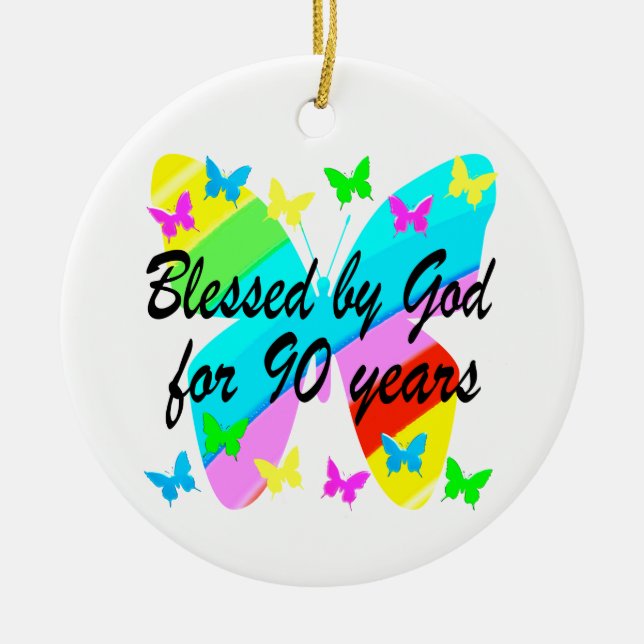 BLESSED BY GOD FOR 90 YEARS CERAMIC TREE DECORATION (Front)