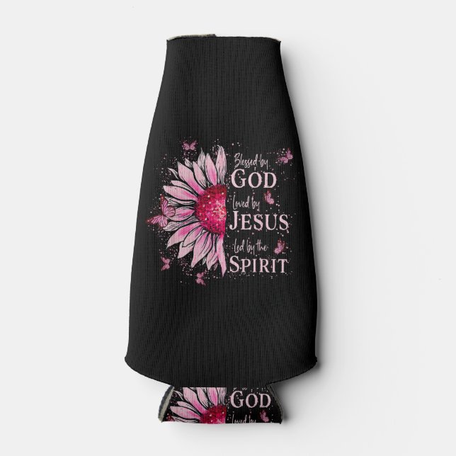 Blessed By God - Loved By Jesus Pink Sunflower Bottle Cooler (Front)