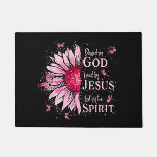 Blessed By God - Loved By Jesus Pink Sunflower Doormat