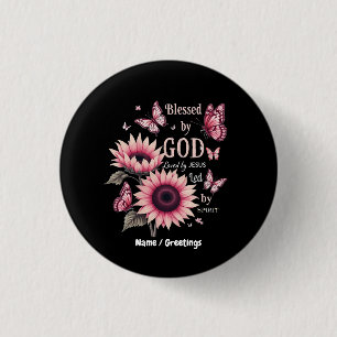 Blessed By God Loved By Jesus Pink Sunflower Faith 3 Cm Round Badge