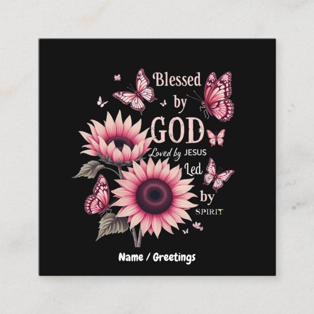 Blessed By God Loved By Jesus Pink Sunflower Faith Square Business Card (Front)