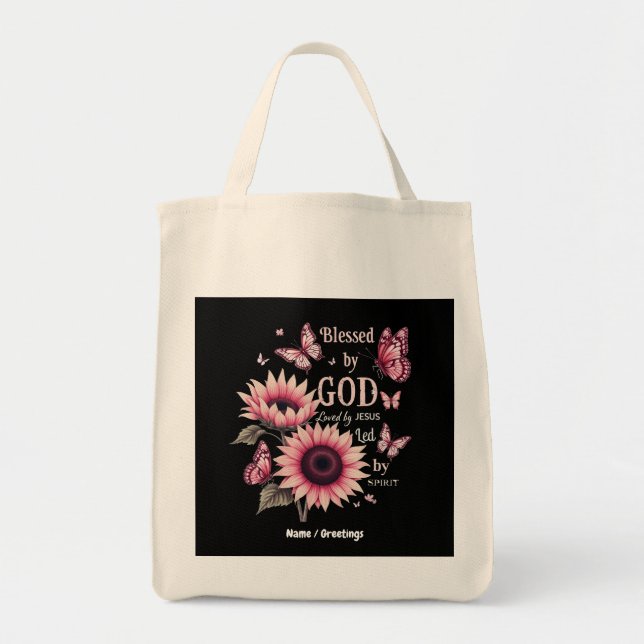 Blessed By God Loved By Jesus Pink Sunflower Faith Tote Bag (Front)