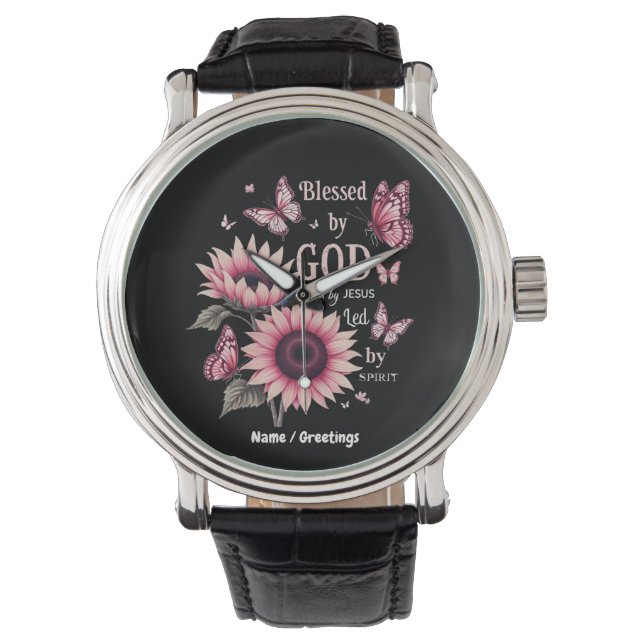 Blessed By God Loved By Jesus Pink Sunflower Faith Watch (Front)
