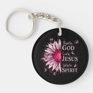 Blessed By God - Loved By Jesus Pink Sunflower Key Ring