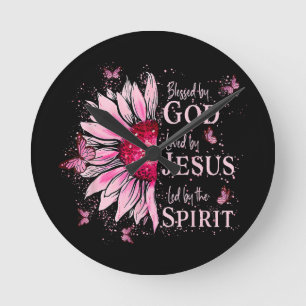 Blessed By God - Loved By Jesus Pink Sunflower Round Clock