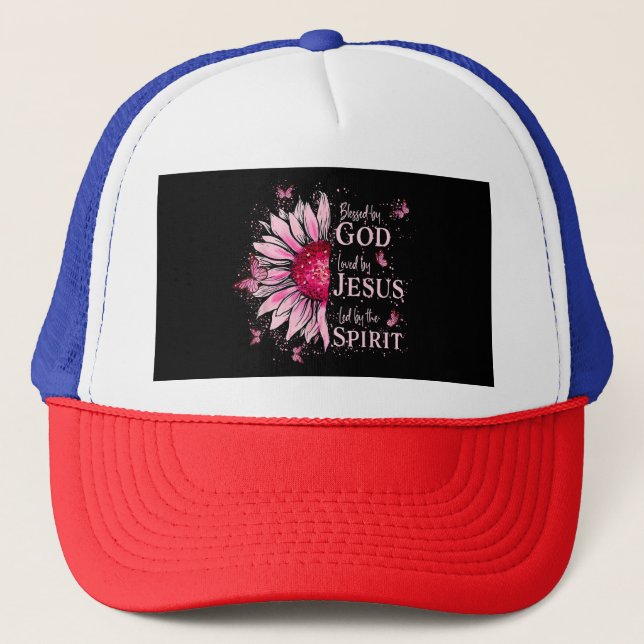 Blessed By God - Loved By Jesus Pink Sunflower Trucker Hat (Front)