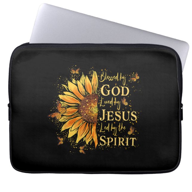 Blessed By God - Loved By Jesus, Sunflower Laptop Sleeve (Front)