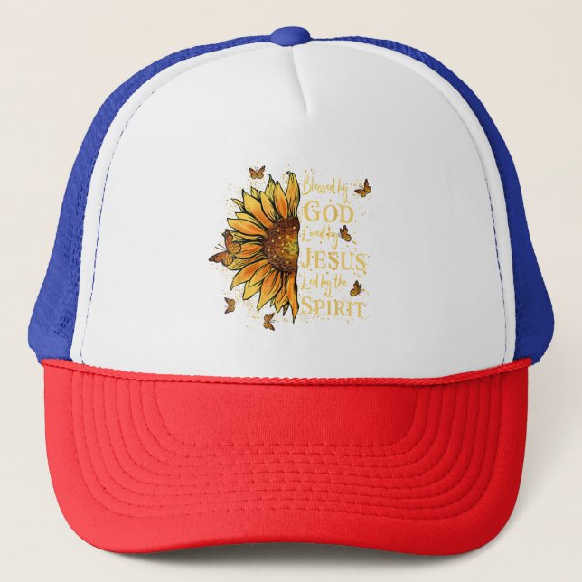 Blessed By God - Loved By Jesus, Sunflower Trucker Hat (Front)