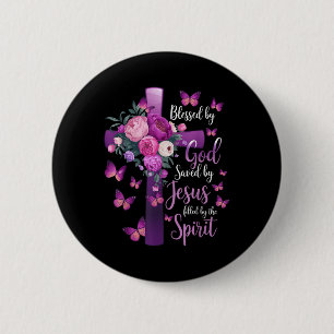 Blessed By God Saved By Jesus Purple Floral Cross 6 Cm Round Badge