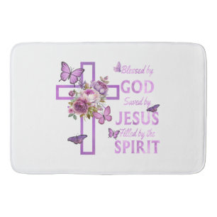Blessed by God Saved by Jesus Purple Floral Cross  Bath Mat