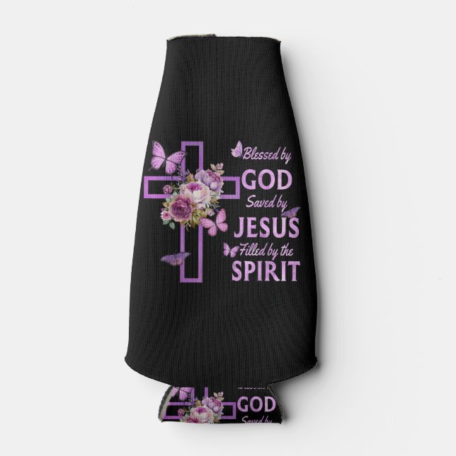 Blessed by God Saved by Jesus Purple Floral Cross  Bottle Cooler (Front)