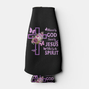 Blessed by God Saved by Jesus Purple Floral Cross  Bottle Cooler