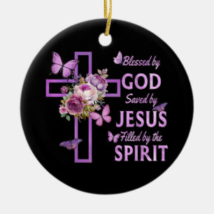 Blessed by God Saved by Jesus Purple Floral Cross Ceramic Tree Decoration