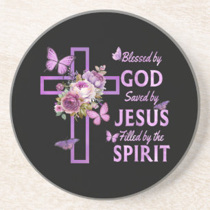 Blessed by God Saved by Jesus Purple Floral Cross Coaster