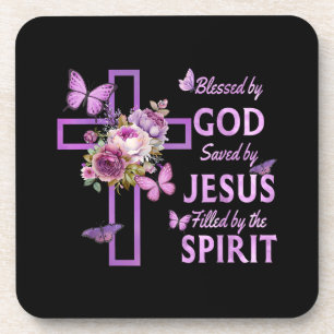 Blessed by God Saved by Jesus Purple Floral Cross Coaster