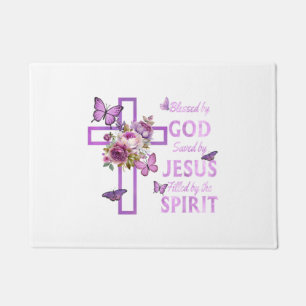 Blessed by God Saved by Jesus Purple Floral Cross Doormat