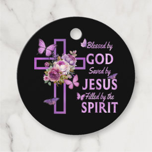 Blessed by God Saved by Jesus Purple Floral Cross Favour Tags