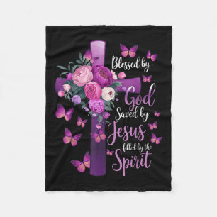 Blessed By God Saved By Jesus Purple Floral Cross Fleece Blanket