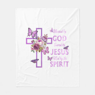 Blessed by God Saved by Jesus Purple Floral Cross Fleece Blanket
