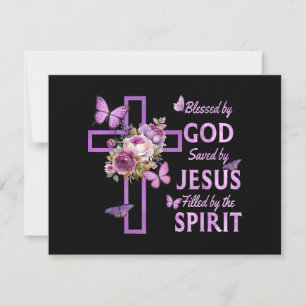 Blessed by God Saved by Jesus Purple Floral Cross Holiday Card