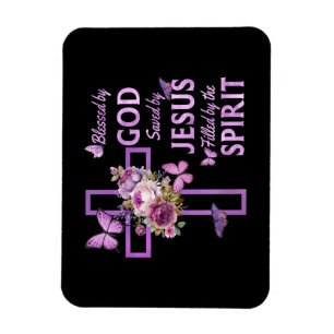 Blessed by God Saved by Jesus Purple Floral Cross Magnet