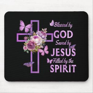 Blessed by God Saved by Jesus Purple Floral Cross  Mouse Mat