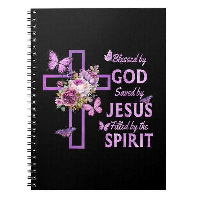 Blessed by God Saved by Jesus Purple Floral Cross  Notebook (Front)