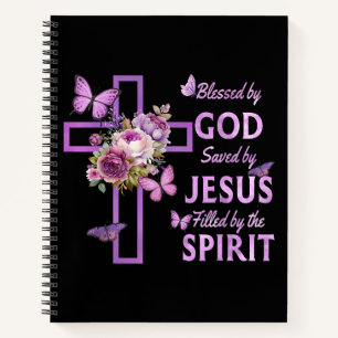 Blessed by God Saved by Jesus Purple Floral Cross Notebook