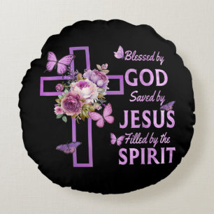 Blessed by God Saved by Jesus Purple Floral Cross  Round Cushion