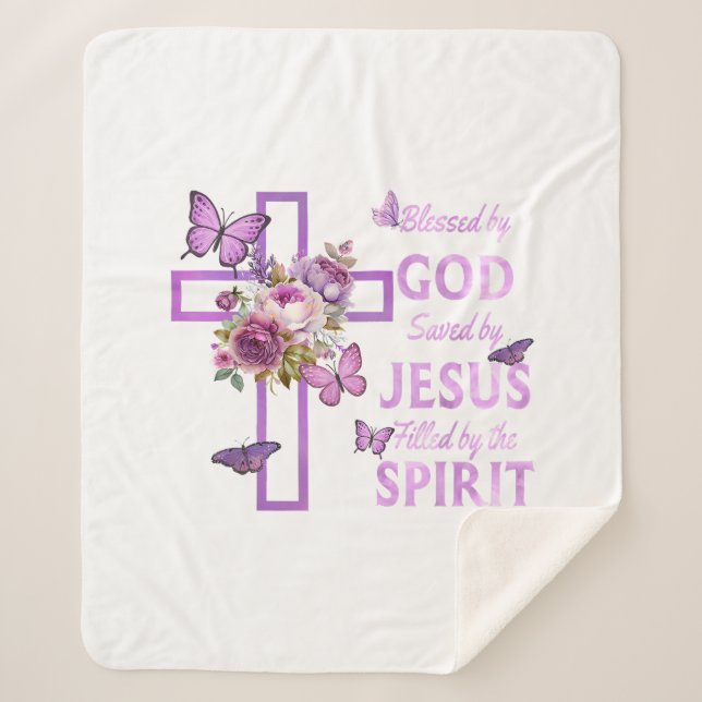 Blessed by God Saved by Jesus Purple Floral Cross  Sherpa Blanket (Front)
