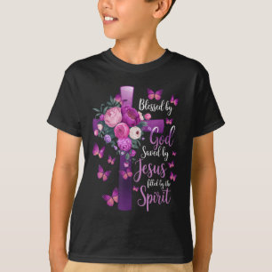 Blessed By God Saved By Jesus Purple Floral Cross T-Shirt