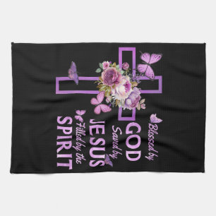 Blessed by God Saved by Jesus Purple Floral Cross  Tea Towel