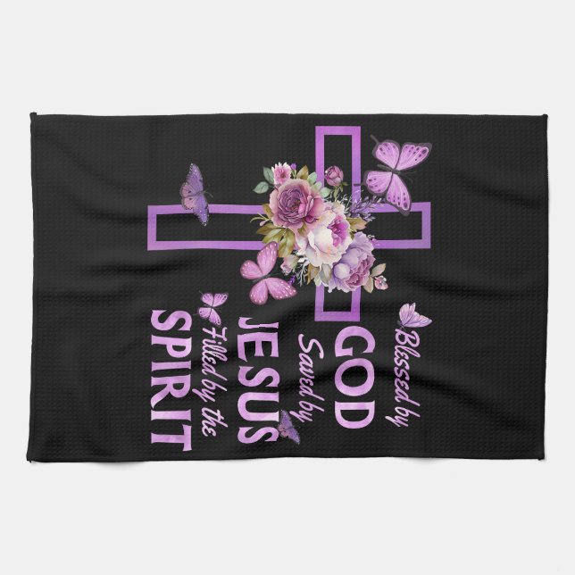 Blessed by God Saved by Jesus Purple Floral Cross  Tea Towel (Horizontal)