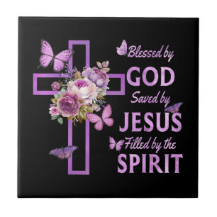 Blessed by God Saved by Jesus Purple Floral Cross Tile